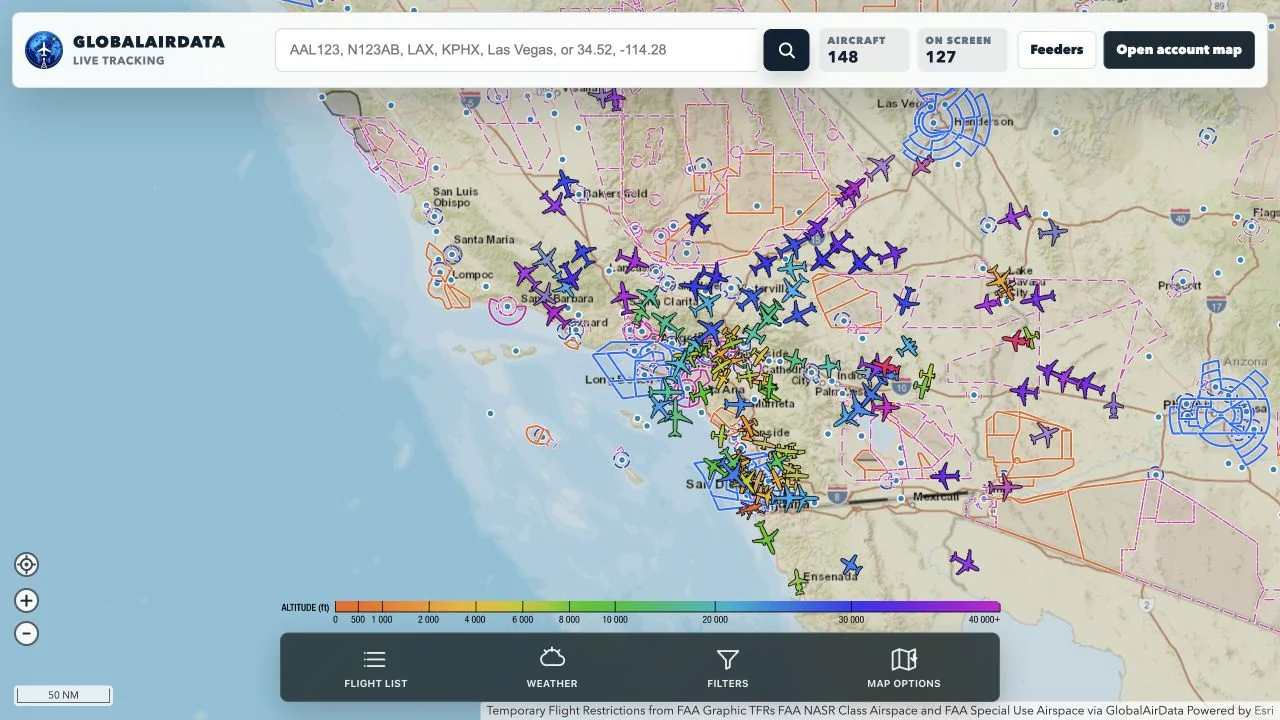 Global Air Data tracking map showing aircraft over Southern California and the southwestern United States